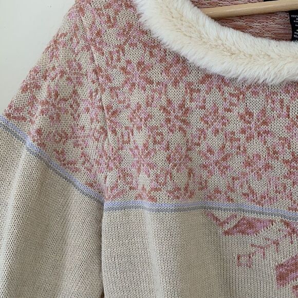 Vintage Fair Isle Cream pastel pink snowflake sweater Fur Collar size XL - Picture 3 of 9